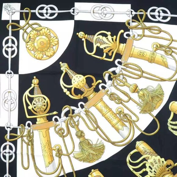 Auth HERMES Carre 90 Cliquetis Scarf Black/Gold/White Silk - e60123a - Picture 2 of 8